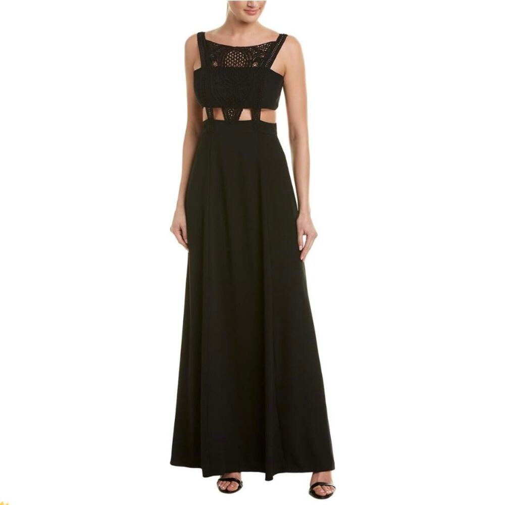 Aidan Mattox Y2K Black Crepe Crochet Lace Cutout Maxi Gown Dress Womens 0